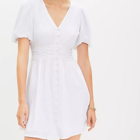 NWT LOFT 14 White Linen Blend Button Front V Neck Women's Dress - Picture 1 of 12